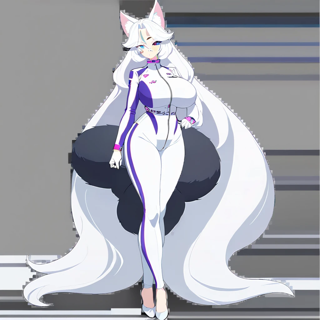 beautiful white neko, long white neko ears, white neko tail, anime style, purple eye, blue eye, big breasts, extremely detailed eyes and face, Wearing White and Purple Race Suit, white long hair, heterochromia, wide waist, mature woman, black small beauty mark under right eye, Full body