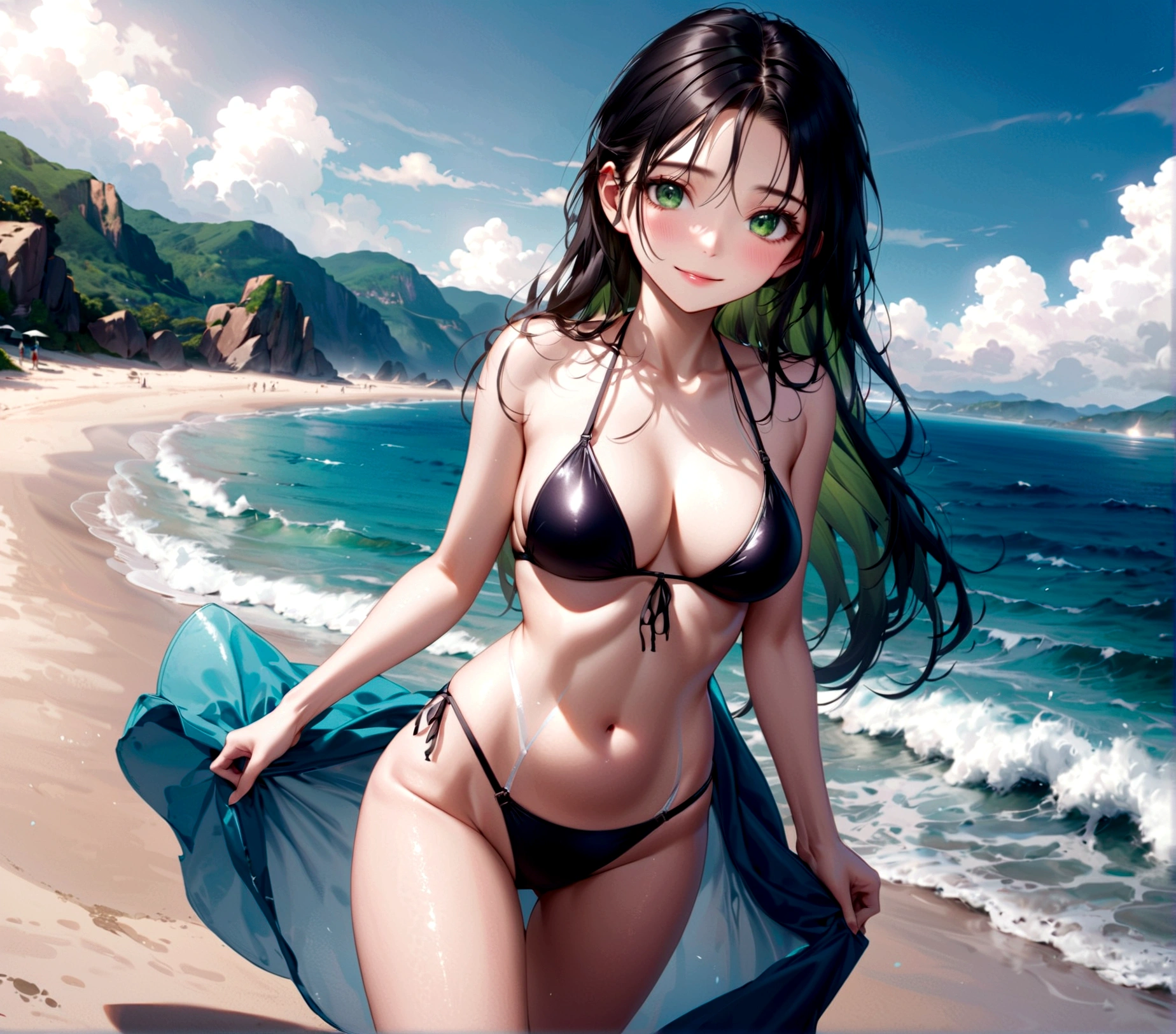 ((Highest quality)),(Ultra-high resolution),(Very detailed),(Detailed Description),((The best CG)),(masterpiece),Highly detailed art,Amazing drawing art,(Art with precise details:1.5), (Woman in swimsuit walking on the beach:1.5),(Beautiful and well-proportioned face:1.5),smile:1.3,Seven shining colors:1.3,bright long-haired:1.3,Clear green eyes