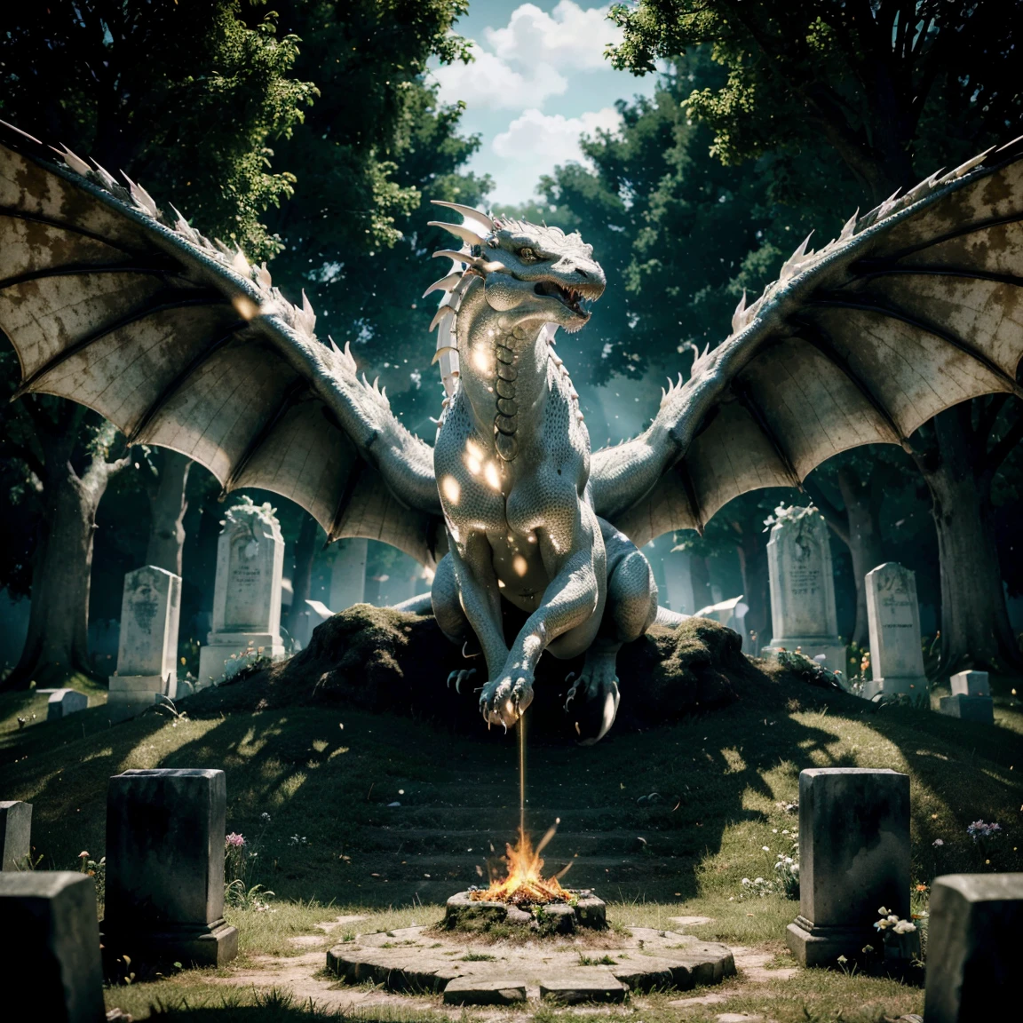 (best quality,4k,highres,masterpiece:1.2),ultra-detailed,(realistic:1.37),light atmosphere,tomb,white dragon emerging from the earth,vector art,detailed,fangs,wings,fire,earth,day,cemetery