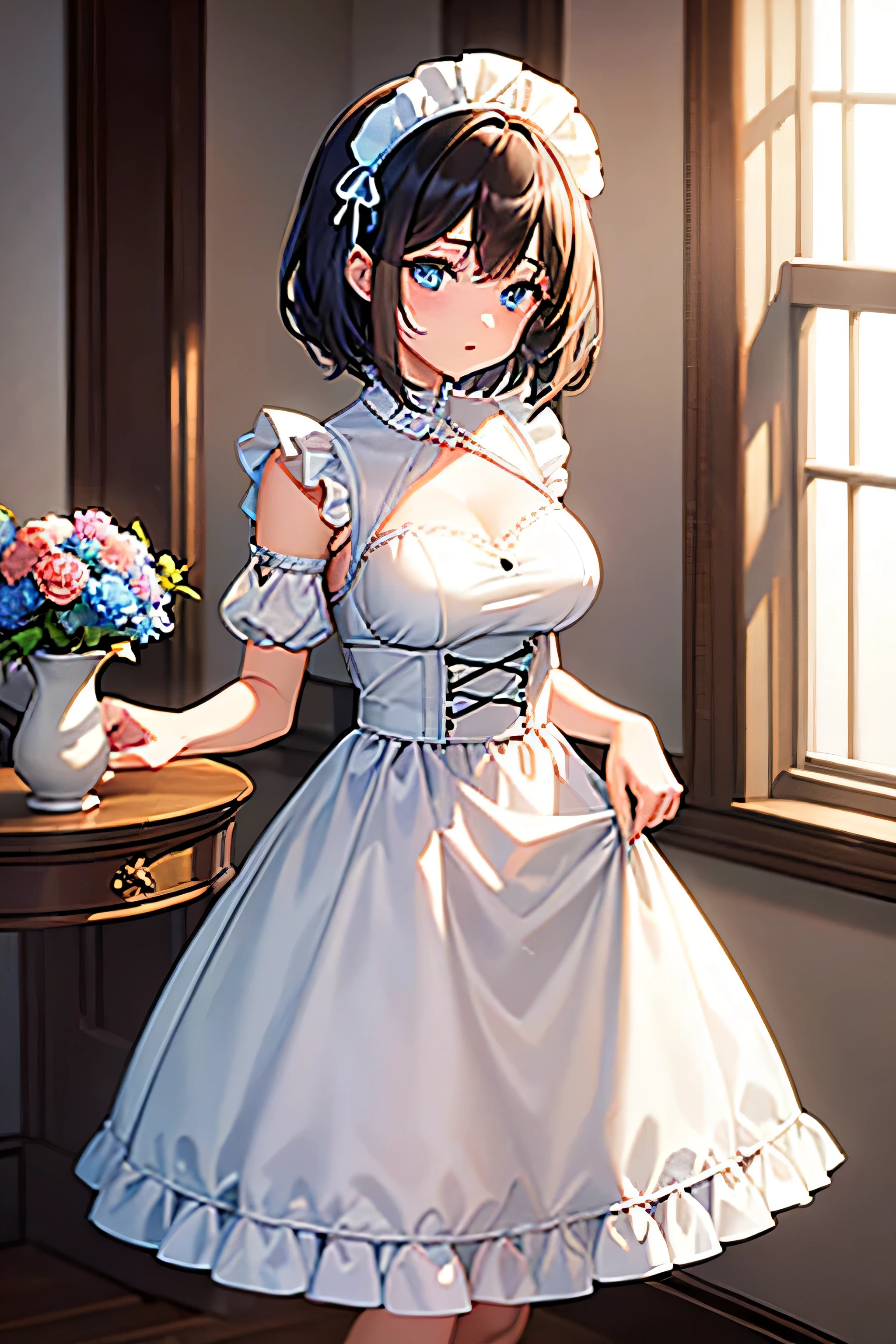 {masterpiece},high quality, 4K, 2D, 1 girl,simple background, 43 yo,attractive mature lady, standing,sagging breast,{{Maid clothes}},front face,attractive mature lady,black hair tied into a chignon, {from right in front of face and body},View viewers from front,{front facing shot}