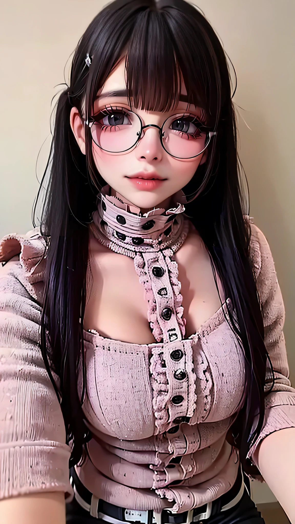 (random sexy pose),(Thin type:1.5),(large breasts),(wearing glasses:1.5),(half color hair black and pink:1.5,random hairstyle),(Highest image quality, (8K), Ultra-realistic, Best Quality, High quality, High Definition, high quality texture, high detailing, Beautiful detailed, fine detailed, extremely details CG, Detailed texture, realistic representation of face, masterpiece, presence)