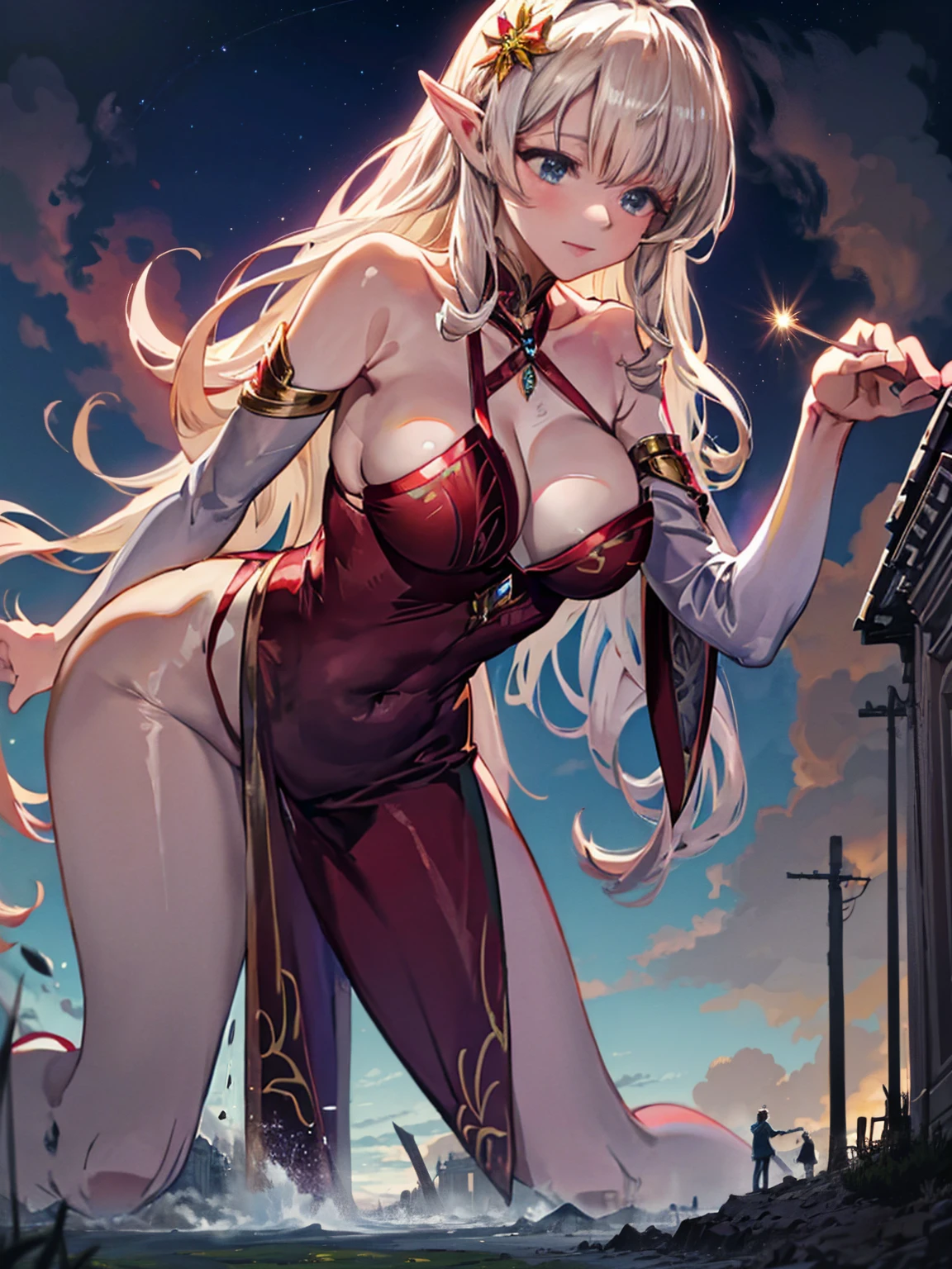Callista, a 55-meter giant elf, emerges from an enchanted portal at dusk, her alabaster skin glowing in the moonlight. Her long golden hair falls in soft curls over her shoulders and back. Standing in a mystical meadow, her posture is graceful and seductive, one leg slightly bent, one hand caressing a flower while the other rests on her hip. Her eyes, full of wisdom and desire, gaze at the tiny humans at her feet, mesmerized by her ethereal presence. Her lips curl in a mischievous smile and her body, sculpted with grace and natural perfection, radiates an aura of enchanting eroticism, enveloping all present in a spell of submission and mystical awe.