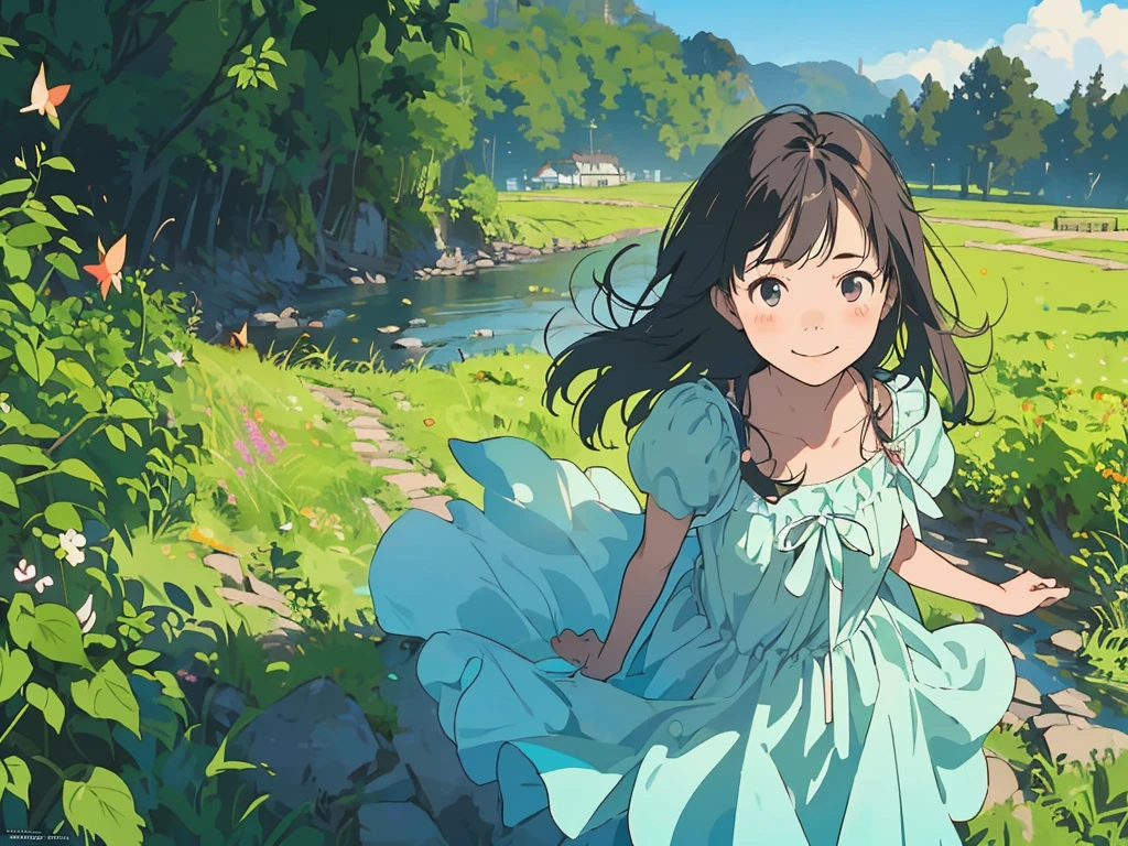 Reasonable design, Clear lines, High Sharpness, (Highest quality,8K,Perfect sharpness,Ultra fine,High resolution,masterpiece:1.2), Perfect Anatomy:1.5, Official Art, Illustrations that tell a story, (Whitish background:0. 9)、Body Positivity、多Mr.な身体表現、(Random and energetic poses)、Perfect beauty、Perfect beautiful face、Strong winds、A rich expression、Dynamic composition、smile、Golden ratio composition、colorful、((Mr.々Different angles and perspectives))、Anime Art、(Mini dress)、(Overcoming stereotypes)、 Glowing Skin、(Natural beauty)、smile、Bangs、(Soft and flowing hair)、(countryside)、(Nostalgic atmosphere)、Put up to your feet、(Playful and carefree)、(多Mr.な民族のキャラクター)、(innocent attitude)、(Sunny atmosphere)、(The skirt flutters wildly in the wind)、(Bright colors)、Beautiful Eyes、(Embarrassing)、Braided Hair、Summer Scene、Smiling among flowers、Angle from above、