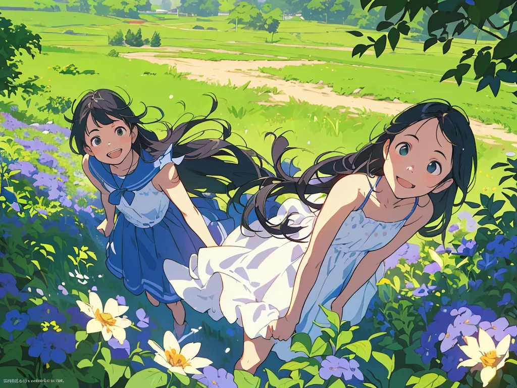 Reasonable design, Clear lines, High Sharpness, (Highest quality,8K,Perfect sharpness,Ultra fine,High resolution,masterpiece:1.2), Perfect ???????:1.5, Official Art, Illustrations that tell a story, (Whitish background:0. 9）、Body Positivity、多Mr.な身体表現、（Random and energetic poses）、Perfect beauty、Perfect beautiful face、Strong winds、A rich expression、Dynamic composition、smile、Golden ratio composition、colorful、（(Mr.々Different angles and perspectives)）、Anime Art、(Mini dress)、（Overcoming stereotypes）、 Glowing Skin、（Natural beauty）、smile、Bangs、（Soft and flowing hair）、（countryside）、（Nostalgic atmosphere）、Put up to your feet、（Playful and carefree）、（多Mr.な民族のキャラクター）、（innocent attitude）、（Sunny atmosphere）、(The skirt flutters wildly in the wind)、（Bright colors）、Beautiful Eyes、(Embarrassing)、Braided Hair、Summer Scene、Smiling among flowers、Angle from above、