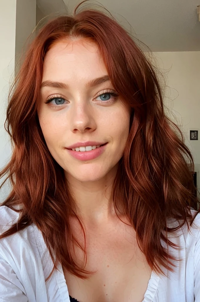 A young redhead, with long red hair and beautiful blue eyes, precise style, wavy and textural layers, light amber and pink, cotton olive, flattering lighting, effortless elegance. taking a selfie. with a huge and beautiful smile (showing his teeth), (when he smiles he makes two holes in his cheeks).
