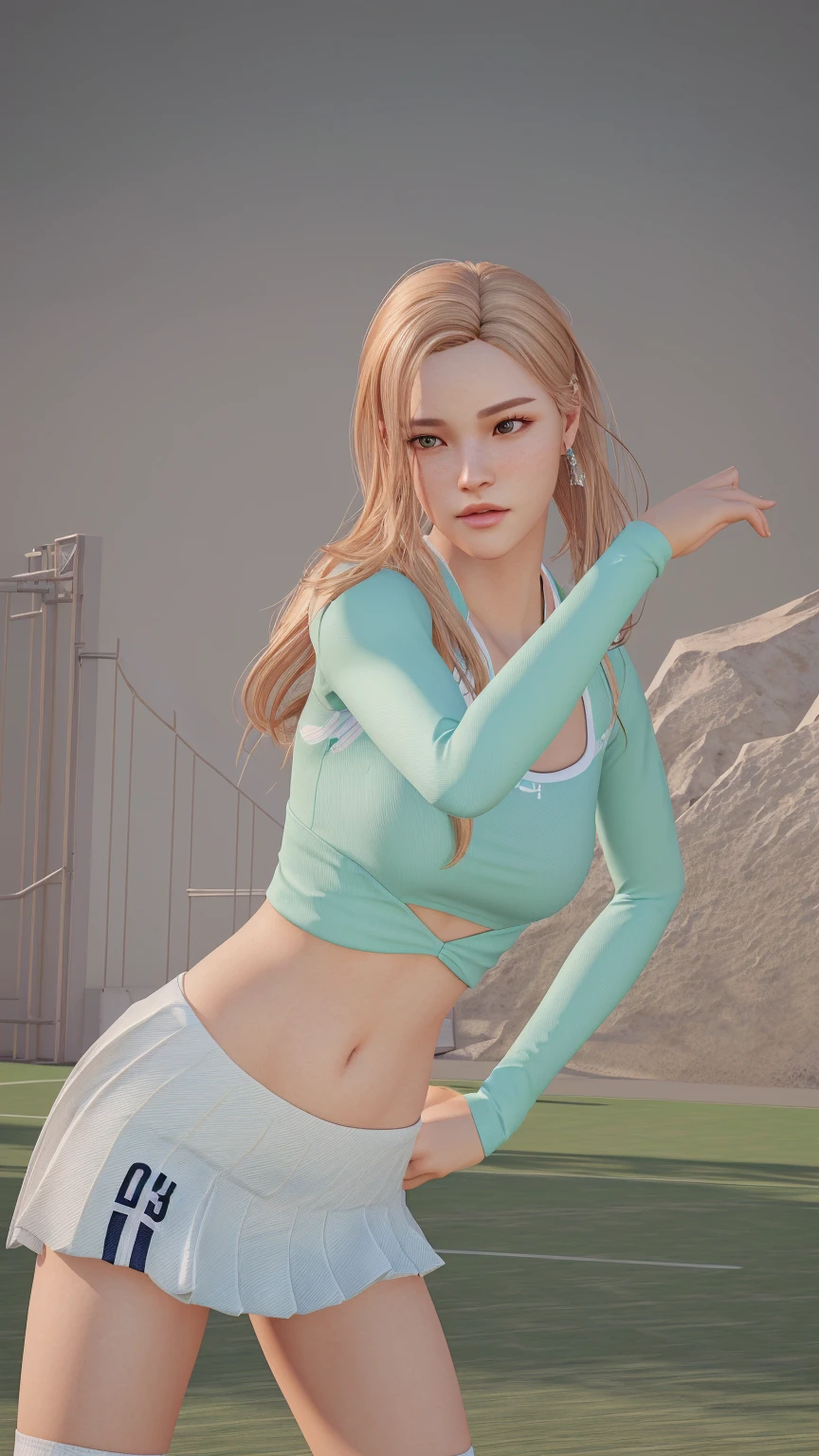 there is a 3d image of a woman in a tennis outfit, render of april, beautiful screenshot, casual pose, 2 k aesthetic, realistic shaded perfect body, inspired by Sim Sa-jeong, realism artstyle, realistic artstyle, [ 4 k photorealism ]!!, fashion gameplay screenshot, [ 4 k photorealism ]!!!, realistically rendered clothing