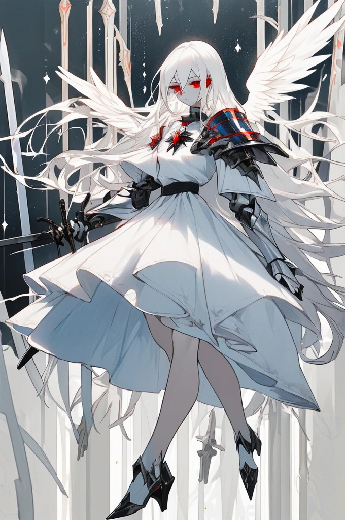 woman, adult, slender, white hair with black locks, red eyes, divine armor on the shoulders, white and blue clothes, sword in hand, angel wings, with white heels, beautiful, super long hair,