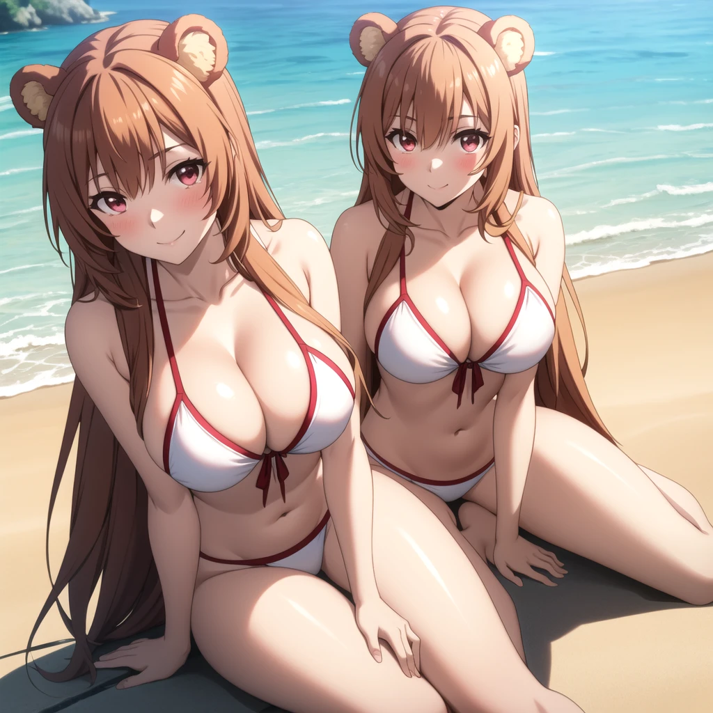 Asuna Yuuki, Woman 24 years old, light orange hair, hazel red eyes, SMILE, bear ears, big breasts, white and red bikini , drops of water on his chest, background a beach. big breasts, playa tropical, blush.