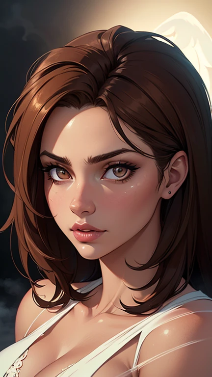 a beautiful woman with brown eyes and brown hair, ultra-detailed face, angelic, surrealistic style, hyperrealistic, stunning portrait, dramatic lighting, volumetric fog, glowing ethereal, intricate details, lush and vibrant colors, photorealistic, masterpiece, best quality, 8k, high resolution