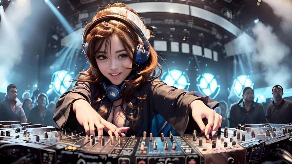 (ultra - detailed, 16K resolution, Cinema lenses, rendering by octane), (high resolution:1.18), intricate detail, (masterpiece:1.1), (highest quality:1.1), (1girl, portrait, white hijab, blue eyes, detailed eyes),Wearing hijab DJ headphones, wearing batik kebaya jawa, Smile while DJing on stage, full body shot of, The spotlight shines on the female DJ. Photorealistic photography by Disco Lighting, (cute round face:1.3), perfect fingers, five fingers, beautiful hands, perfect hands. master peace, cute smile.