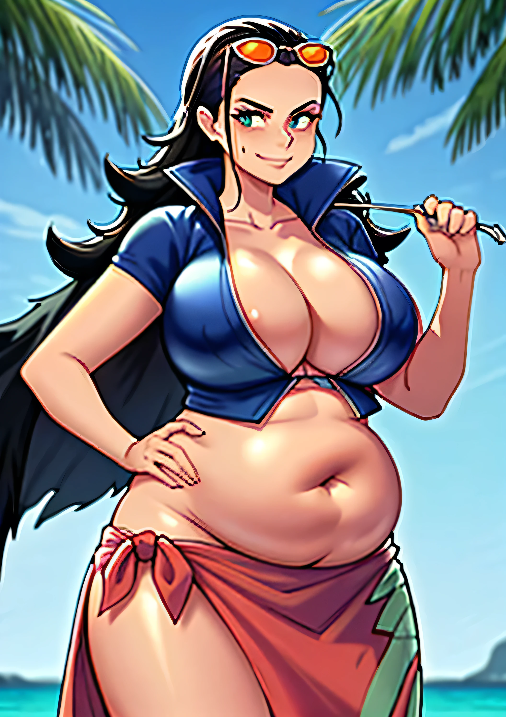 arte de kipteitei, 1 girl, Nico Robin, aquamarine eyes, black fur, old, neckline, Closed mouth, collared Jacket, cowboy shot, crop top, cropped Jacket, extra hands, glasses on top of head, slicked back hair, hand up, long neck, Jacket, massive old, wide, looking at the viewer, diaphragm, huge belly, massive thighs, belly button, neckline, pose, sarong, short sleeves, SMILE, Alone, standing , stomach, Sunglasses, very wide, outdoor, mar, mouths, insulting white underwear, chubby (Best Quality, Masterpiece)