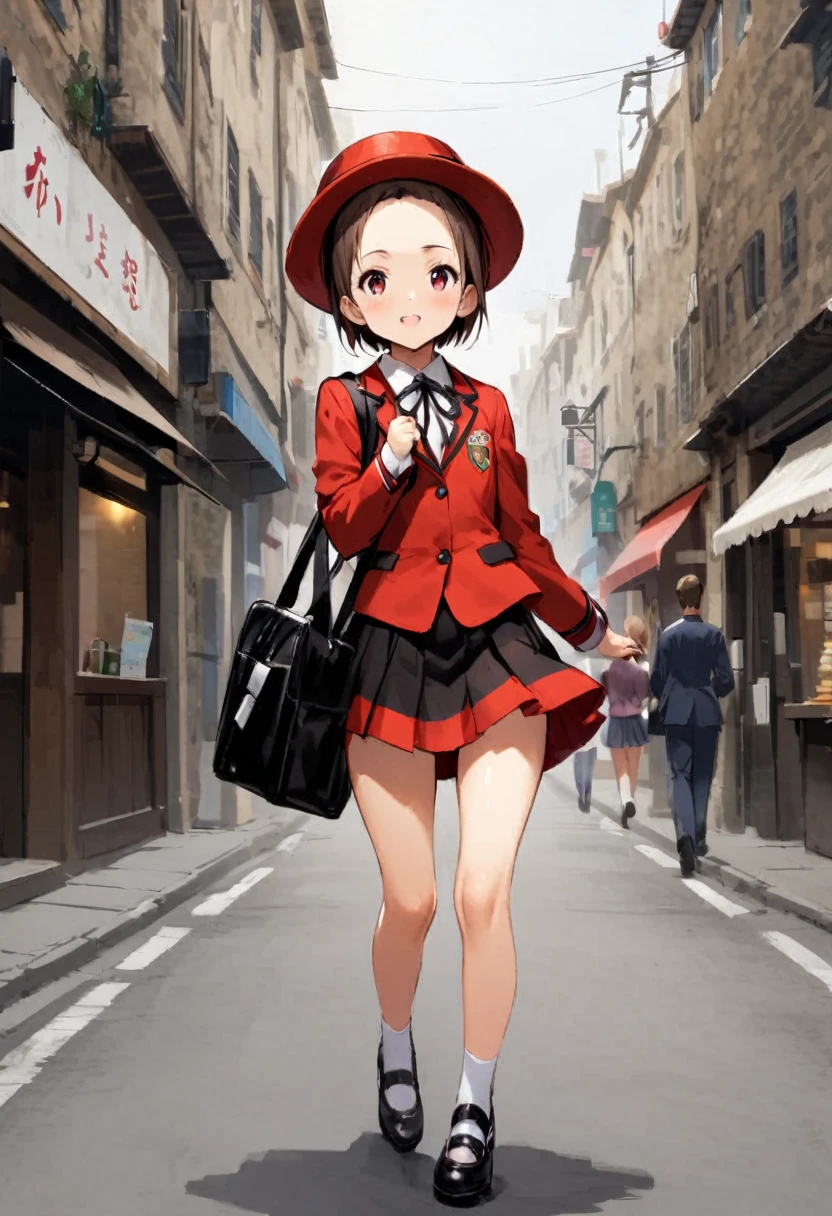 M legs、In town、bustling street、hat、Panty shot、bag、mini skirt、forehead、Private Server、Girl、Girl、Short、Younger、Lower school year、Baby Face、flat chest、Dynamic Angle