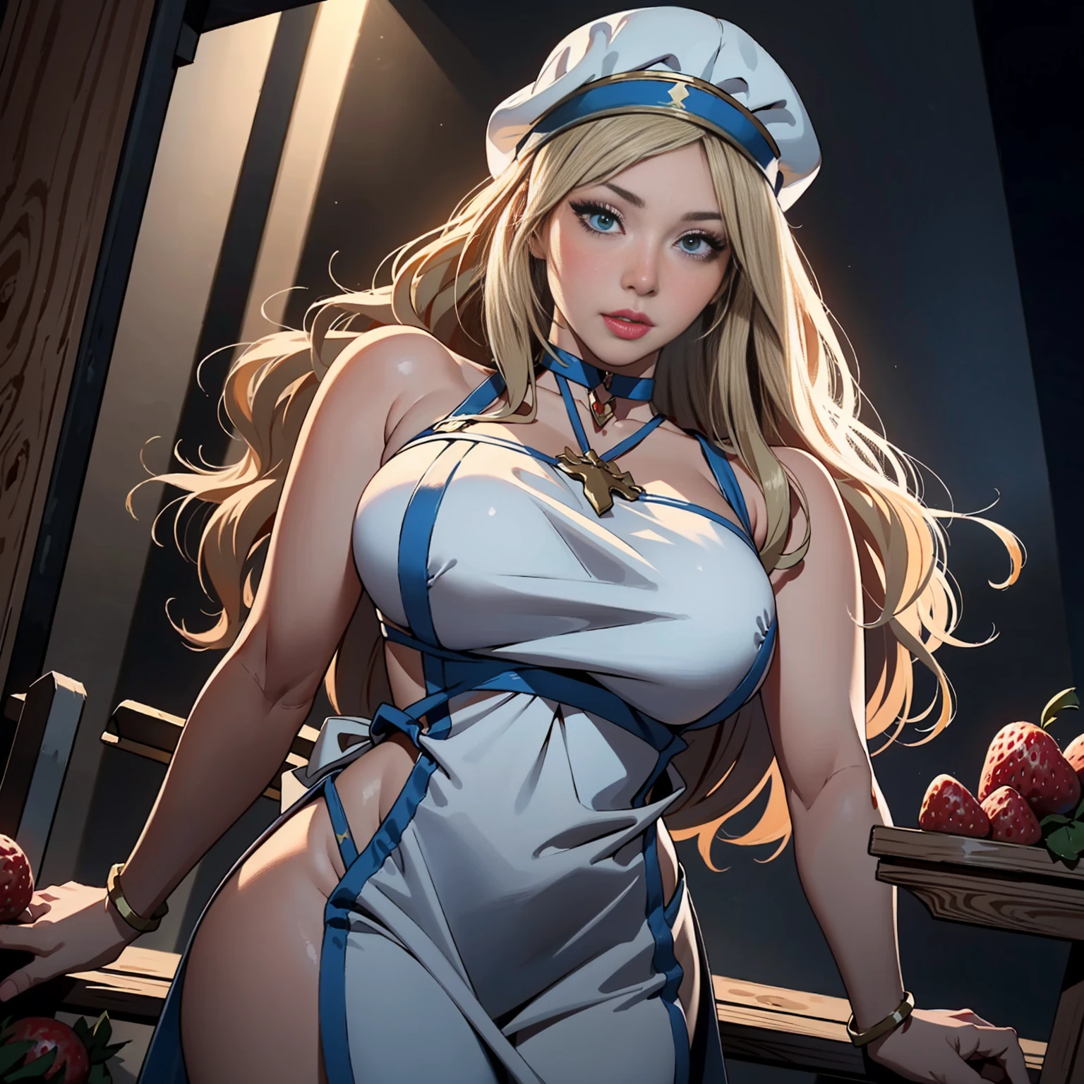 (best quality,highres),(realistic:1.37),(portrait),(studio lighting), ,solo mature woman,curvy, giant breasts, giant ass,straight strawberry blonde hair, dusty blue eyes,full lips, seductive, choker, painter's apron,painter's hat