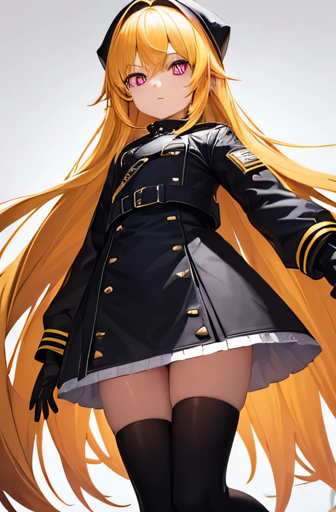 small girl, Crimson eyes, expressionless face, long yellow hair, black jacket, white gloves, short white skirt, black boots.