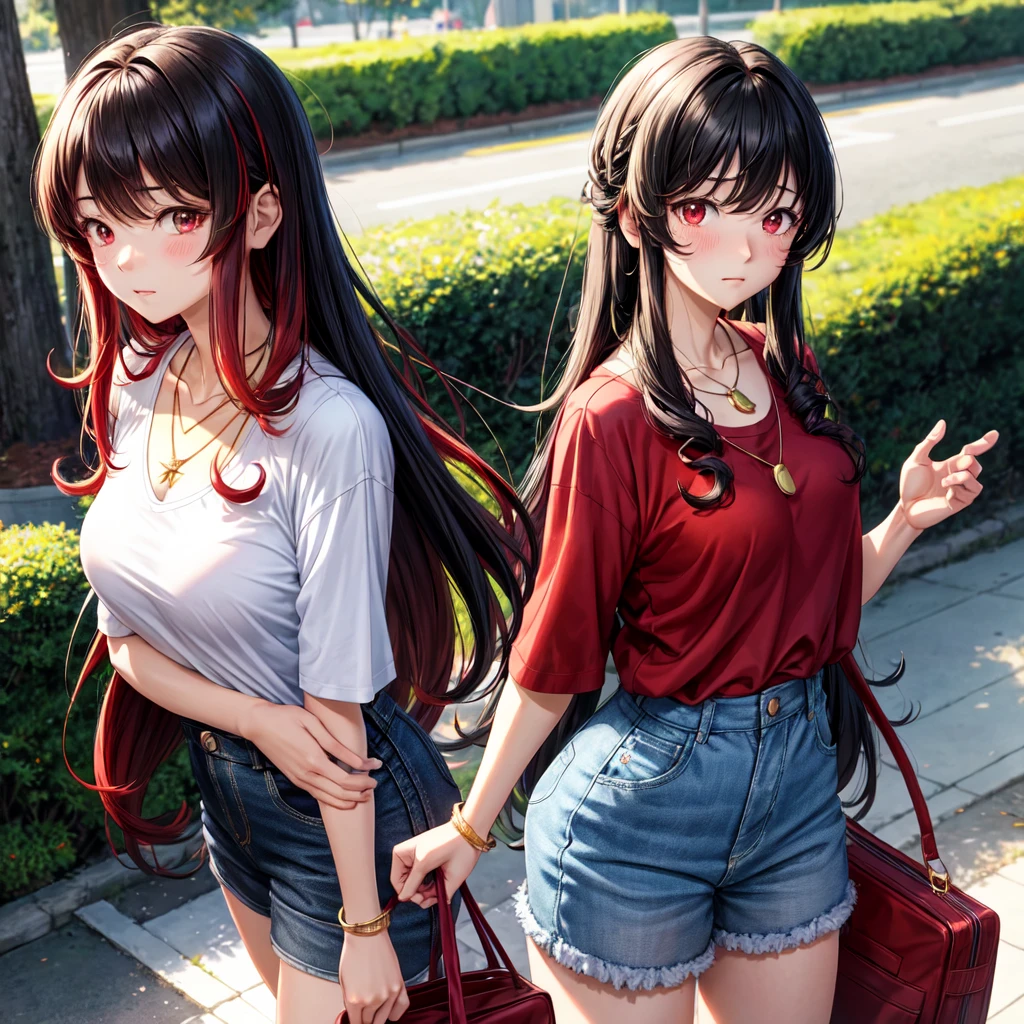 anime panel,upper body, 1girl,solo Korean, black curly hair, with red highlights, red slanted eyes, casual clothes, necklace, hair illuminated by sunlight, park background , sad expression, blushing