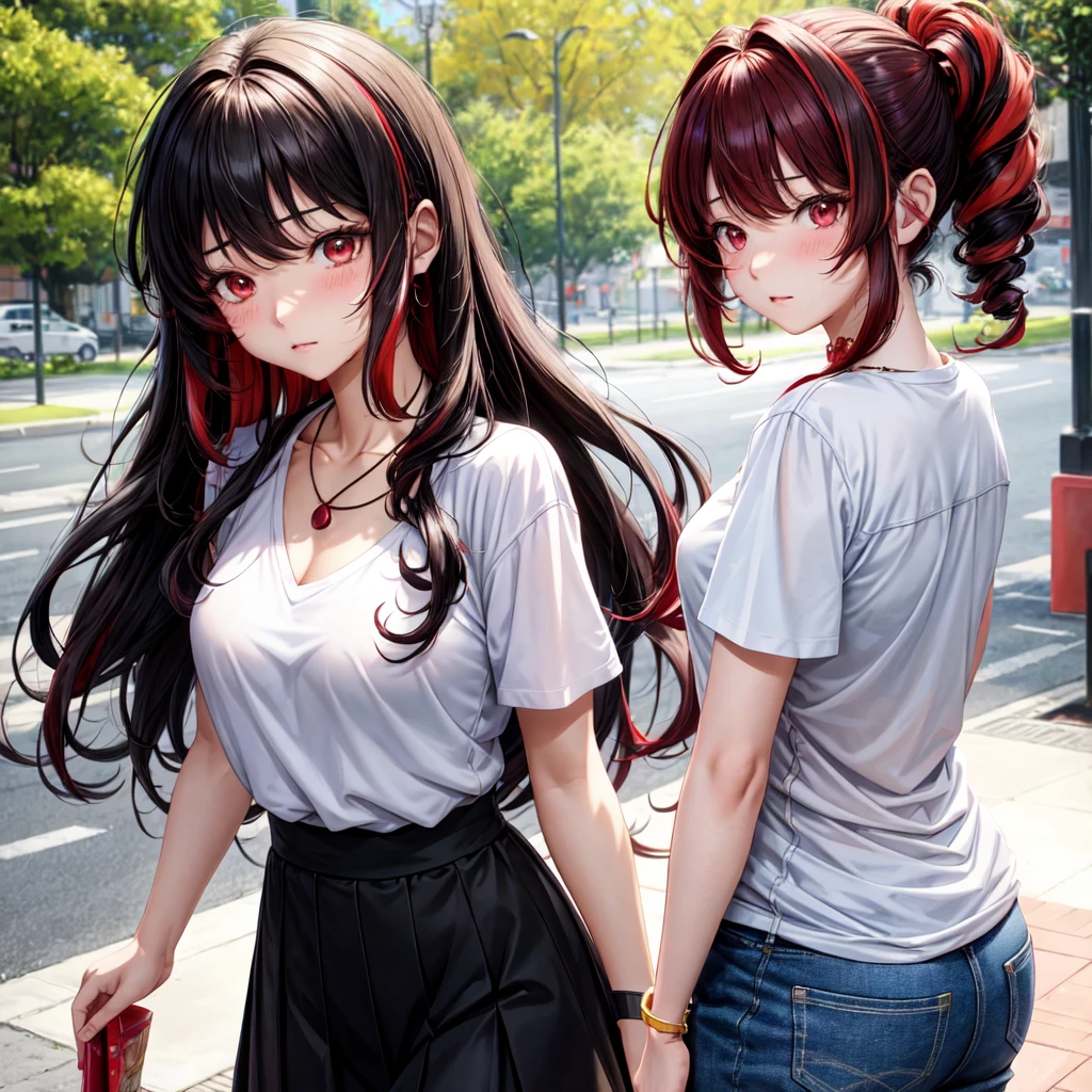 anime panel,upper body, 1girl,solo Korean, black curly hair, with red highlights, red slanted eyes, casual clothes, necklace, hair illuminated by sunlight, park background , sad expression, blushing