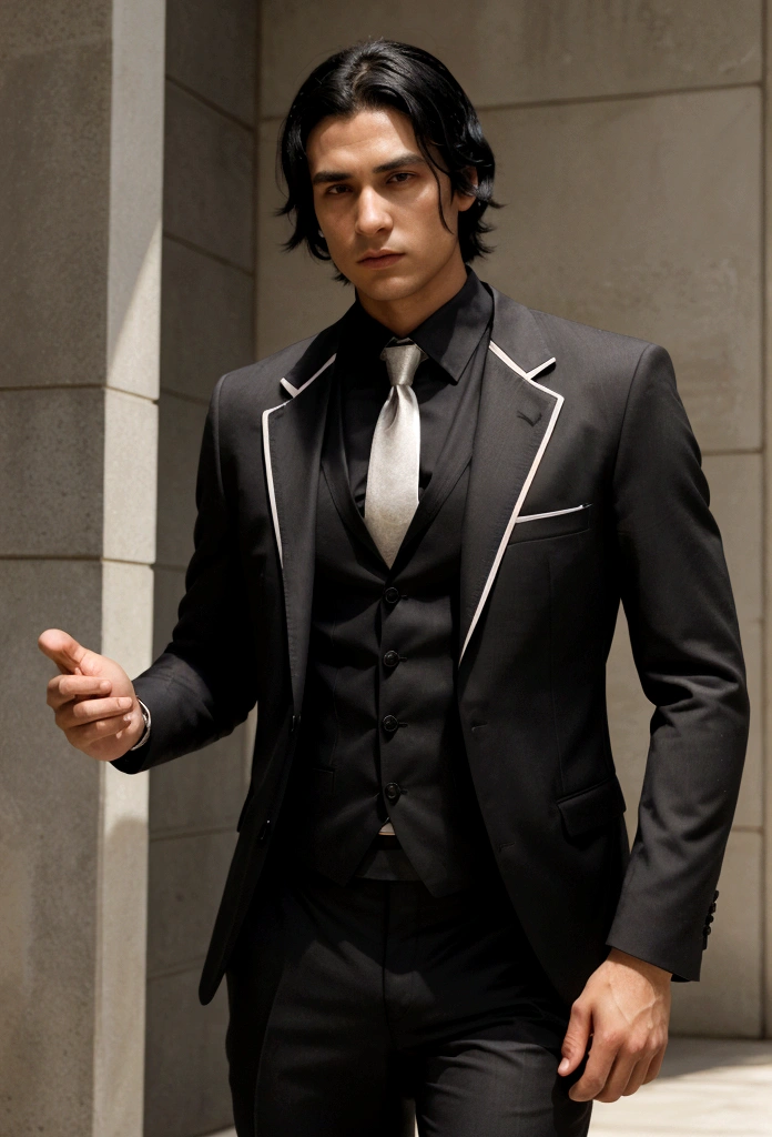 interesting, 27 year old athletic man, medium length black hair and suit, Boss Hugo