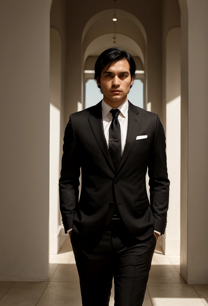 interesting, 27 year old athletic man, medium length black hair and suit, Boss Hugo