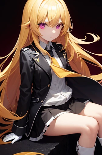 medium girl, Crimson eyes, expressionless face, long yellow hair, black jacket, white gloves, short white skirt, black boots. 