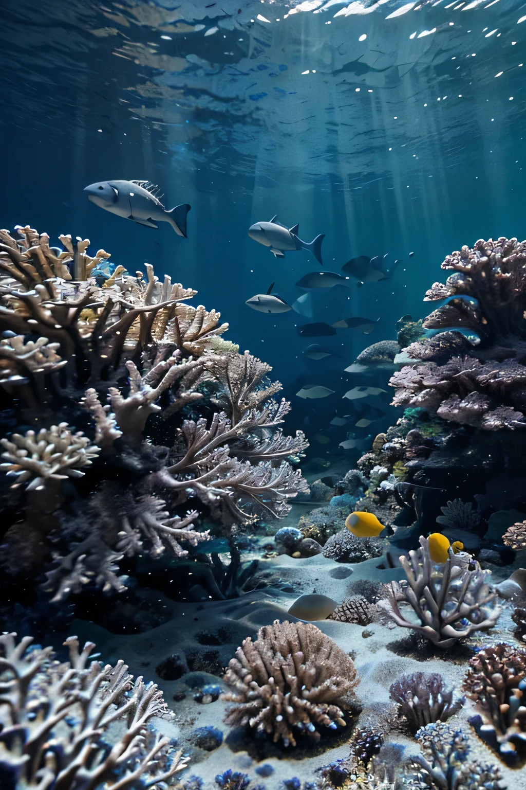 Imagine a vibrant and colorful underwater scenery of a coral reef in the Maldives. In the foreground, a large group of yellow fish with blue horizontal stripes swim in formation near an area of ​​coral. The seabed is rich in detail, with several coral formations of various shapes and sizes, adding texture and complexity to the scene. The clarity of the water allows for a clear view of underwater life, with shades of blue that become more intense with depth. The image captures the beauty and diversity of the marine ecosystem, highlighting the harmony and movement of fish in a natural environment. The underwater environment emphasizing the vibrant colors and details of the coral reef. It highlights the variety and richness of the coral formations, highlighting how the different shapes and sizes contribute to the complexity of the scene. Fish and Movement focused on the group of yellow fish with blue stripes, describing their formation and coordinated movement. these fish integrate into the context of the coral reef. The clarity of the Water speaks of how it allows a clear view of underwater life. the shades of blue that become more intense with depth, adding a sense of depth to the scene. The Marine Ecosystem highlights the beauty and diversity of the marine ecosystem, the harmony between fish and their natural environment. captures the essence of underwater life, showing the interaction between different species and their habitat. the colors and shapes of the corals change with the movement and arrangement of the fish, the clarity of the water affects the overall vision of the scene - What emotions or looking at the image causes emotions of well-being and serenity