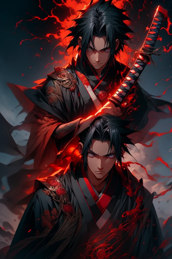 (best quality,highres,realistic:1.2),Uchiha Sasuke,masterpiece,anime,portrait,dark,vivid colors,sharingan,black hair,long and straight hair,expressive eyes,piercing gaze,serious expression,stoic,cool and calm,red and white Uchiha crest on the back,shoulder-length hair,black cloak with high collar and red clouds,traditional Japanese clothing,katana in hand,standing in a dramatic pose,amidst swirling black flames,background of thunderstorm and dark clouds,post-battle scene,strong lighting casting shadows,crackling lightning,haunting atmosphere,sharp focus,extreme detail description