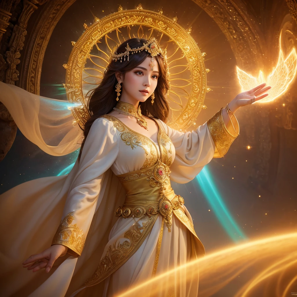 woman , , pink mouth ,Standing in a golden robe, goddess of heaven, Thin cloth on the back , goddess, beautiful heavenly mage, goddess เจ้าหญิงดอกบัวทอง , Fine gold jewelry