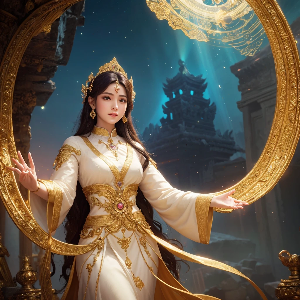 1female, godly, divine presence, majestic aura, outstretched hand offering kindness, ornate glowing divine clothing, elegant feminine features, soft smile, halo, temple ruins background, fantasy landscape, rays of light, 16k, highres, masterpiece, best quality