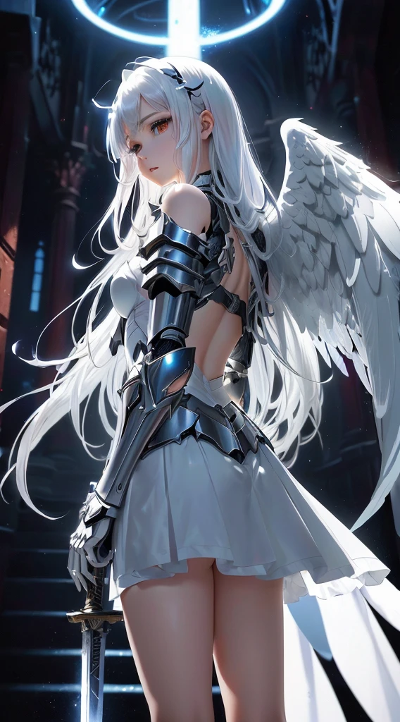 Anime girl with angel wings and sword in a dark room., angel knight girl, beautiful cyborg angel girl, angel knight gothic girl, angel with plastic armor, winged truss angle, epic angel wings, 4k anime wallpaper, white hair deity, manga wallpaper 4k, 4k anime wallpaper, 4k anime wallpaper, anime art wallpaper 4k, anime art wallpaper 4k