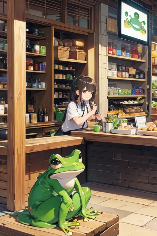 A frog sits on the counter、Talk to customers