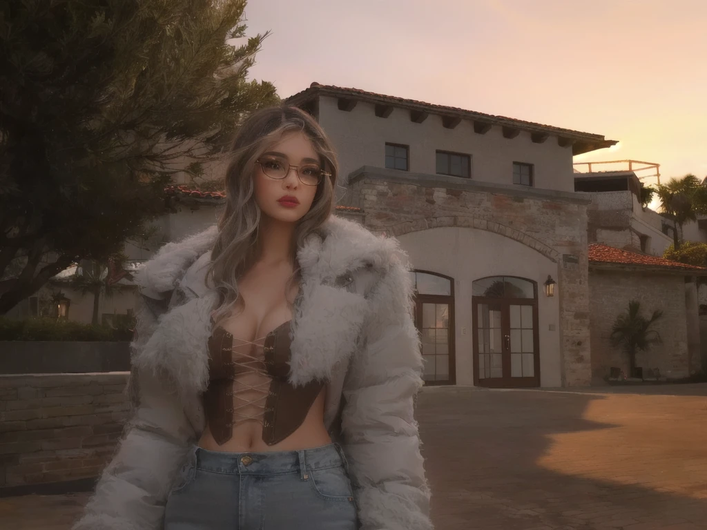 A light skinned female with light brown eyes. cute makeup and plum lipstick, wearing grey framed glasses, she has medium length soft curls and grey hair/brown hair. She is wearing a furry coat with a brown boob tube top with some cleavage showing and high waisted light washed blue jeans standing in front of palm trees & a wine cellar building with a sunset background.