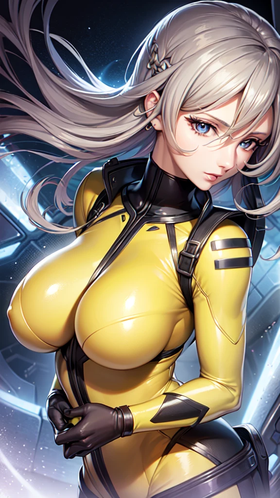 Mature Woman, Woman in a futuristic suit, highly Detailed face, nice, mother, Very large breasts, (Mature Woman), Mature Face, (Mature Woman), Cyber Suit, Anime girl in tight suit, Milfication, Elegant body, Focus on the navel, nude, gloves, Earrings, SF, Female protagonist, Volumetric Light, Detailed lighting, Detailed Texture, BoobsCyberpunk, Biomechanical , masterpiece, (Top quality eyes), Detailed face, sci-fi background, Futuristic landscape, (((Yellow bodysuit))), (Chuby), (((high quality face))), (((high resolution face)))