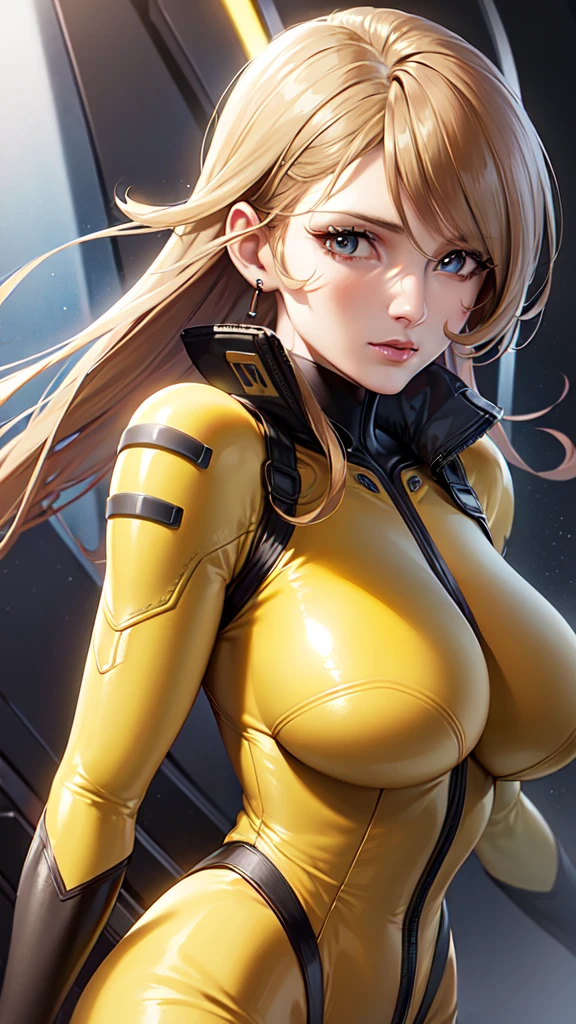 Mature Woman, Woman in a futuristic suit, highly Detailed face, nice, mother, Very large breasts, (Mature Woman), Mature Face, (Mature Woman), Cyber Suit, Anime girl in tight suit, Milfication, Elegant body, Focus on the navel, nude, gloves, Earrings, SF, Female protagonist, Volumetric Light, Detailed lighting, Detailed Texture, BoobsCyberpunk, Biomechanical , masterpiece, (Top quality eyes), Detailed face, sci-fi background, Futuristic landscape, (((Yellow bodysuit))), (Chuby), (((high quality face))), (((high resolution face)))
