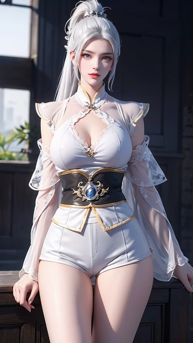 a white hair、Close-up of woman wearing white mask, Beautiful character painting, Guweiz, Gurwitz-style artwork, White-haired god, author：Yang Jie, Epic and beautiful character art, Stunning character art, author：Fan Qi, by Wuzhun Shifan, pixiv art street guweiz, Single ponytail, insult, High Ponytail, tall and big, Long legs, (Sleeveless lace shirt), (shorts), (Striped )), ((Striped )), Walk, elegant, dignified, woman, Beautiful curves, sweet smile, Strong sense of detail and layering, colour丰富绚丽, Has a unique texture, Colorful, colour, vivid, design art, 16K, Ultra Detailed, {{illustration}}, {Extremely refined}, {Exquisite surface treatment}, Ultra Detailed, Delicate and shining eyes, {{Movie Lighting}}, Extreme lighting effects, Model: Realism, CFG size: 12, Laura: Bright texture (1.35), high quality, masterpiece, Exquisite facial features, Delicate hair depiction, Detailed depiction of the eyes, masterpiece, best quality, Ray Tracing, Extremely detailed CG unified 8k wallpaper, masterpiece, best quality, (1 girl), Perfect woman figure, (((tight white t shirt))), beautiful eyes, (Delicate face), Black short hair, Tie your hair up, Light blue hairpin, Black Silk Frame Glasses, In class, (White skin), (Optimal lighting), (Super intricate details), 4k unity, (Ultra Detailed CG), Showing off her white legs, , Hot Pants, shorts,
