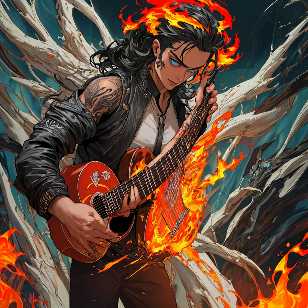 {{A ((masterful)) depiction of {((a young man with black hair and an afro, wearing a black leather jacket and black pants, holding an electric guitar))}} with {((brilliant eyes and colored sclera, standing alone with a fire background, playing the guitar))}. This is an {((absurdist))}-inspired image that showcases {((vibrant colors and surreal elements))}. The environment/background should be {((a fiery and dynamic outdoor scene))} to create an {((intense and dramatic))} atmosphere. The image should be in the style of a {((high-quality digital illustration))}, incorporating elements of {((H.R. Giger, Salvador Dalí, and contemporary surrealists))}. The {((medium shot))} shot, captured with a {((sharp focus))} lens, will provide a {((detailed and immersive perspective))}. The lighting should be {((bright and striking))}, emphasizing {((the reflective qualities of the leather and the flames))}. The desired level of detail is {((ultra-high))} with a {((4K))} resolution, highlighting {((the intricate details of the jacket, tattoos, and the guitar))}. The goal is to create a {((stunning and aesthetic))} image that captivates viewers with its {((brilliance and surreal quality))}.