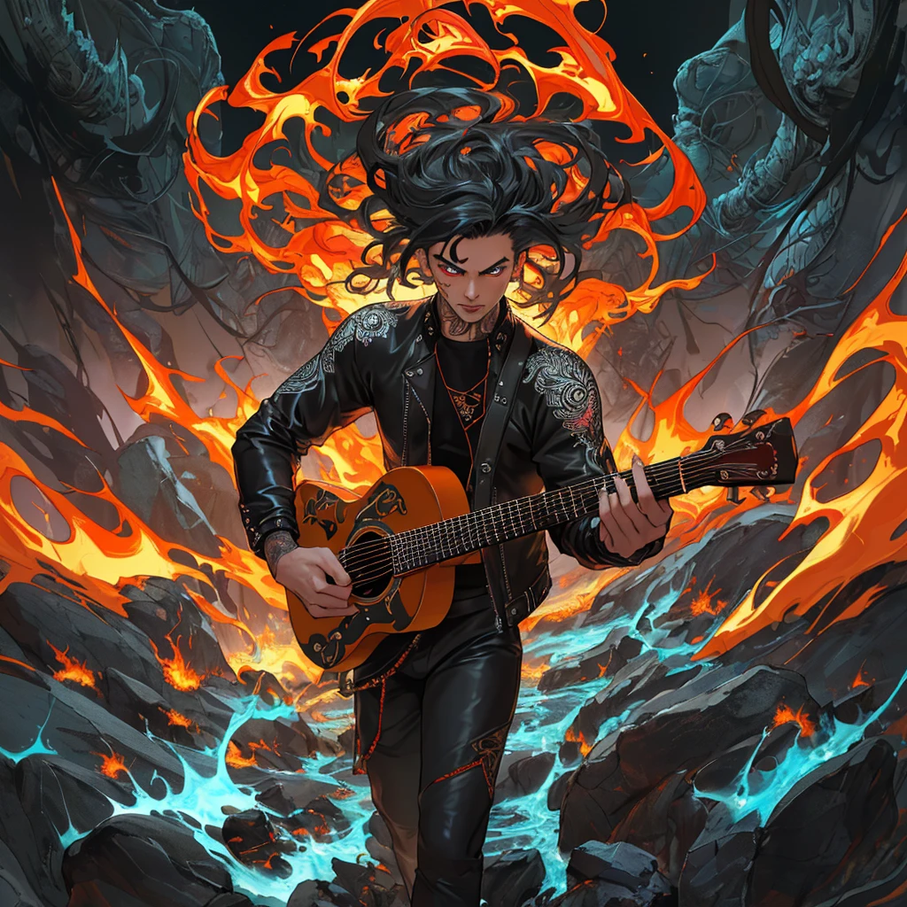 {{A ((masterful)) depiction of {((a young man with black hair and an afro, wearing a black leather jacket and black pants, holding an electric guitar))}} with {((brilliant eyes and colored sclera, standing alone with a fire background, playing the guitar))}. This is an {((absurdist))}-inspired image that showcases {((vibrant colors and surreal elements))}. The environment/background should be {((a fiery and dynamic outdoor scene))} to create an {((intense and dramatic))} atmosphere. The image should be in the style of a {((high-quality digital illustration))}, incorporating elements of {((H.R. Giger, Salvador Dalí, and contemporary surrealists))}. The {((medium shot))} shot, captured with a {((sharp focus))} lens, will provide a {((detailed and immersive perspective))}. The lighting should be {((bright and striking))}, emphasizing {((the reflective qualities of the leather and the flames))}. The desired level of detail is {((ultra-high))} with a {((4K))} resolution, highlighting {((the intricate details of the jacket, tattoos, and the guitar))}. The goal is to create a {((stunning and aesthetic))} image that captivates viewers with its {((brilliance and surreal quality))}.