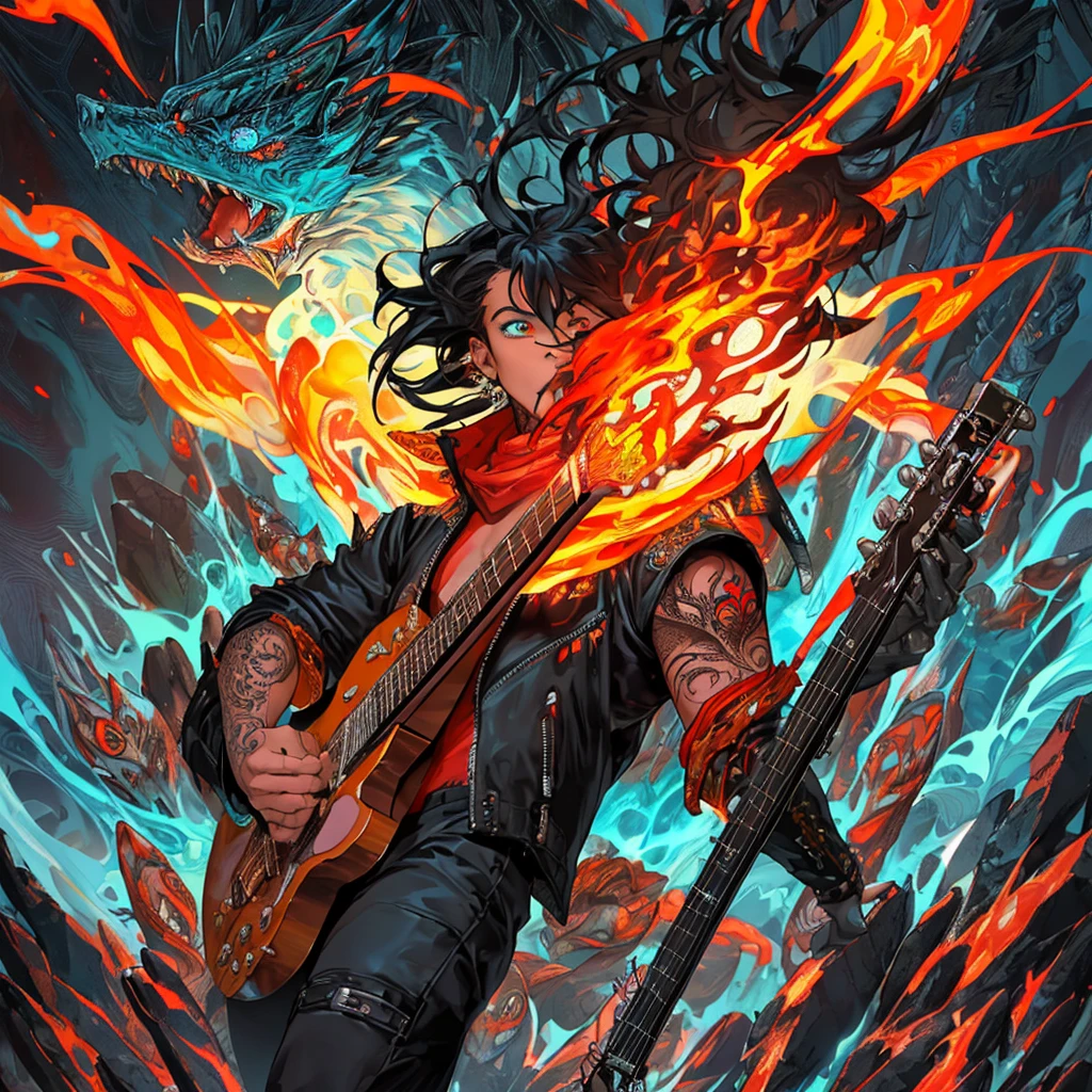 {{A ((masterful)) depiction of {((a young man with black hair and an afro, wearing a black leather jacket and black pants, holding an electric guitar))}} with {((brilliant eyes and colored sclera, standing alone with a fire background, playing the guitar))}. This is an {((absurdist))}-inspired image that showcases {((vibrant colors and surreal elements))}. The environment/background should be {((a fiery and dynamic outdoor scene))} to create an {((intense and dramatic))} atmosphere. The image should be in the style of a {((high-quality digital illustration))}, incorporating elements of {((H.R. Giger, Salvador Dalí, and contemporary surrealists))}. The {((medium shot))} shot, captured with a {((sharp focus))} lens, will provide a {((detailed and immersive perspective))}. The lighting should be {((bright and striking))}, emphasizing {((the reflective qualities of the leather and the flames))}. The desired level of detail is {((ultra-high))} with a {((4K))} resolution, highlighting {((the intricate details of the jacket, tattoos, and the guitar))}. The goal is to create a {((stunning and aesthetic))} image that captivates viewers with its {((brilliance and surreal quality))}.