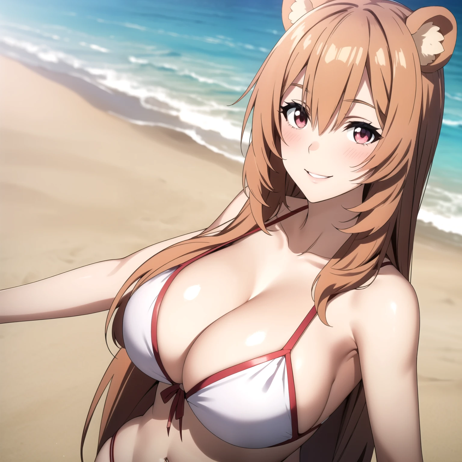 Asuna Yuuki, Woman 24 years old, light orange hair, hazel red eyes, SMILE, bear ears, big breasts, white and red bikini , drops of water on his chest, background a beach. big breasts,  playa tropical, blush. whole body.