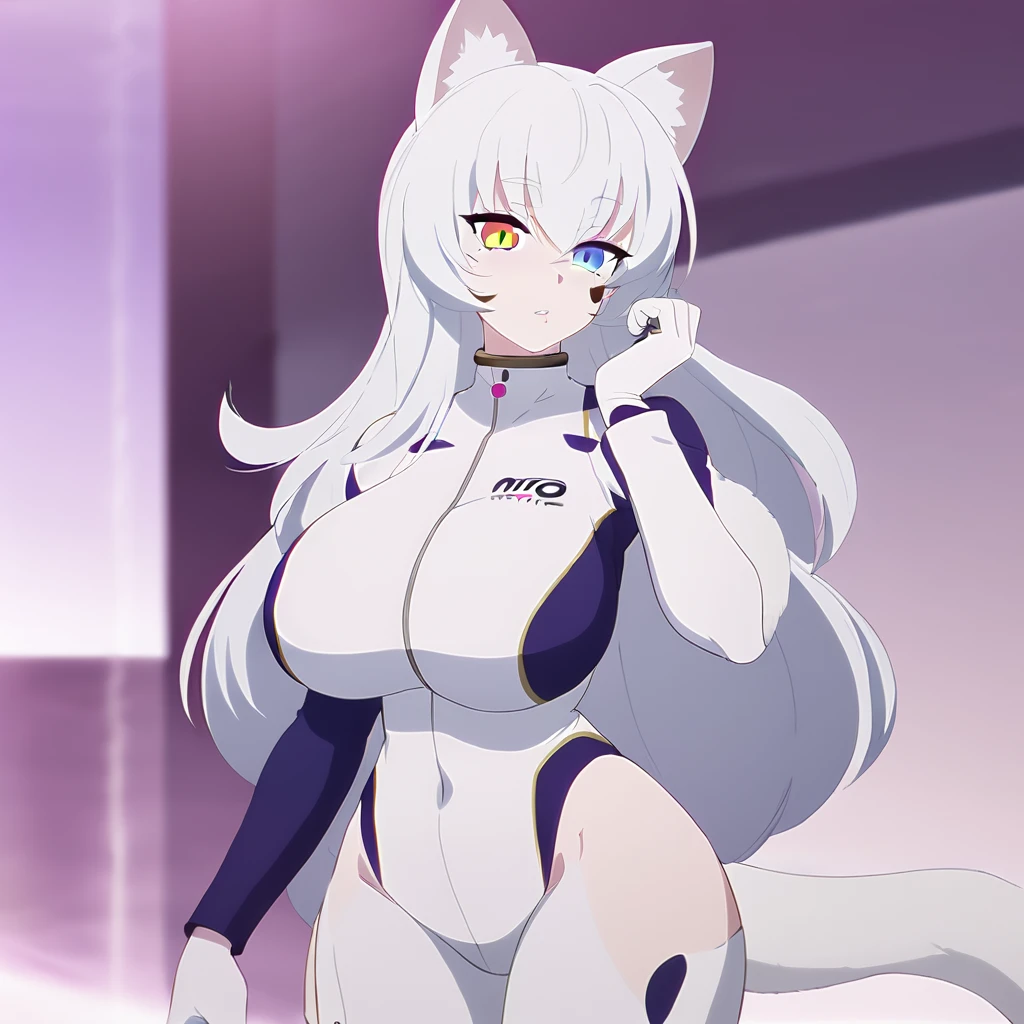 beautiful white neko, long white neko ears, white neko tail, anime style, purple eye, blue eye, big breasts, extremely detailed eyes and face, Wearing White and Purple Race Suit, white long hair, heterochromia, wide waist, mature woman, black small beauty mark under right eye, high heels