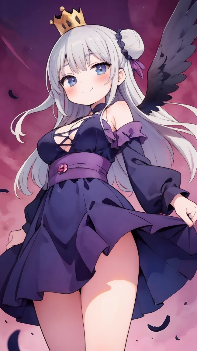 (exceptional, best aesthetic, new, newest, best quality, extremely detailed,anime :1.2),8k, (black outline:1.2), atmospheric,
1 beautiful girl,,(kawaii:1.5),(Chibi:0.5),(cute:2),(change:2),(12 year old girl),(huge breasts:1.3), (A detailed eye,Tsuriformes:1.2),(Silver hair,Long hair in a bun,Deco:1.8), star eye silhouette, (long eyelashes, Double eyelids:1.2), cleavage, ,Swaying udder, Clear skin, Beautiful skin, Shy, Erect ,Clear skin, Beautiful skin, Shy, gleaming skin,(smirk,blush:1.25),
BREAK ,(tilted mini crown:1.5),(detached long bell sleeve:1.1),bare shoulders,black halterneck dress,(black high heels:1.3),(purple bow:1.3),(purple rose:1.3),(black feathers:1.6),(black angel wings:1.5),(looking down:1.4),(collapsed temple:1.3),(hand to own mouth:1.3),(open mouth:1.2),(standing:1.3),(wind:1.3),(full moon:1.2),(cinematic_angle:1.3),(fisheye:1.1),
(zettairyoiki:1.45),
BREAK wakame,wakame,wakame,(cowboy shot, from below:1.4),
BREAK manga illustration,manga style,