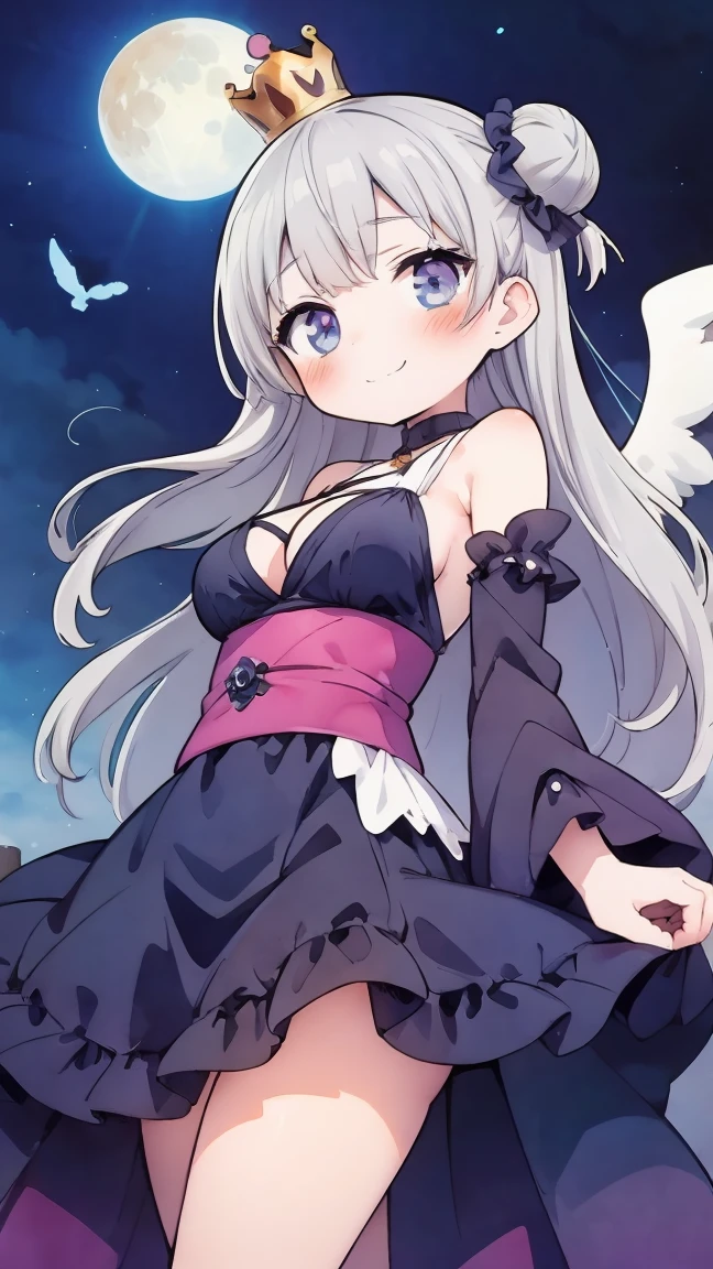 (exceptional, best aesthetic, new, newest, best quality, extremely detailed,anime :1.2),8k, (black outline:1.2), atmospheric,
1 beautiful girl,,(kawaii:1.5),(Chibi:0.5),(cute:2),(change:2),(12 year old girl),(huge breasts:1.3), (A detailed eye,Tsuriformes:1.2),(Silver hair,Long hair in a bun,Deco:1.8), star eye silhouette, (long eyelashes, Double eyelids:1.2), cleavage, ,Swaying udder, Clear skin, Beautiful skin, Shy, Erect ,Clear skin, Beautiful skin, Shy, gleaming skin,(smirk,blush:1.25),
BREAK ,(tilted mini crown:1.5),(detached long bell sleeve:1.1),bare shoulders,black halterneck dress,(black high heels:1.3),(purple bow:1.3),(purple rose:1.3),(black feathers:1.6),(black angel wings:1.5),(looking down:1.4),(collapsed temple:1.3),(hand to own mouth:1.3),(open mouth:1.2),(standing:1.3),(wind:1.3),(full moon:1.2),(cinematic_angle:1.3),(fisheye:1.1),
(zettairyoiki:1.45),
BREAK wakame,wakame,wakame,(cowboy shot, from below:1.4),
BREAK manga illustration,manga style,