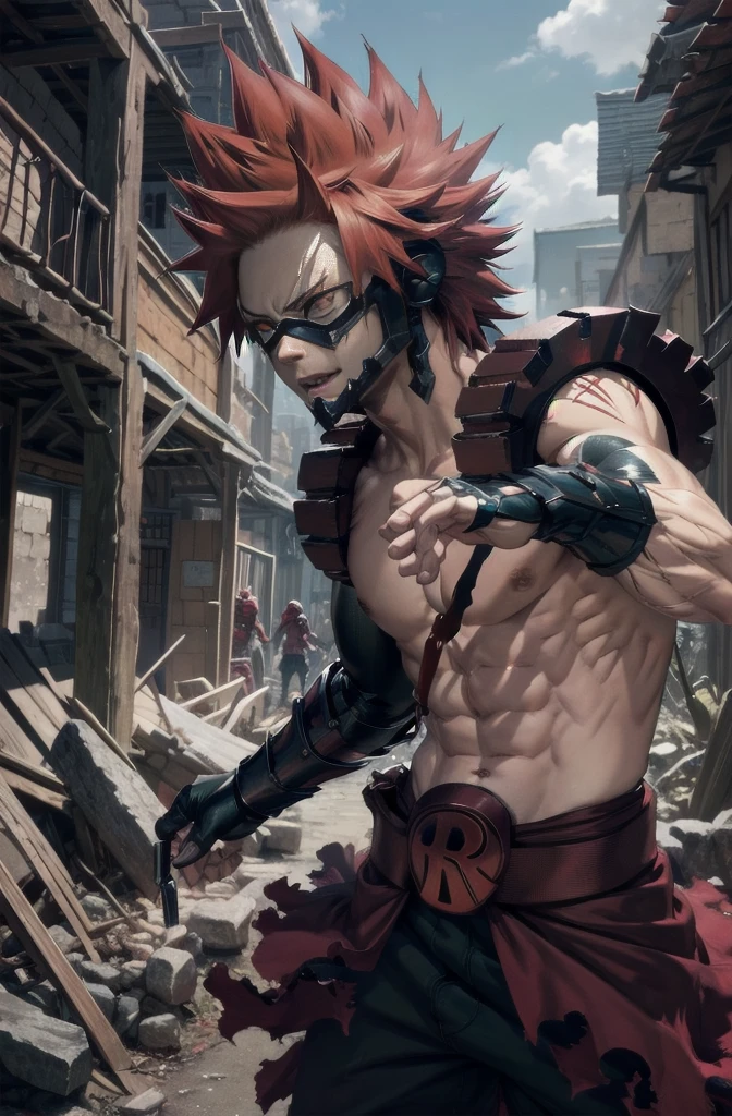 hero costume: mask, topless male, black pants
Add red hair and red eyes if necessary., hairstyle: His hair is wild and spiky, often directed upwards, which gives it a striking appearance. Statur: He is strong and muscular, which underlines his physical strength. Features: Kirishima has square, markante Features. His eyes are often determined and energetic.
Teeth: He has sharp, spitze Teeth, which are sometimes visible, when he smiles or fights., scar: If his Quirk, Hardening, is activated, erscheinen scar und Risse auf seiner Haut, which give it an even harder and more robust appearance.
Heldenkostüm: His hero costume consists of a red and black armor. The armor has an exposed upper body, so as not to impair mobility, and he wears a red mask, which emphasizes his eye area. In addition, there are wide, red wristbands.
Miscellaneous: His hero name is "Red Riot", which is underlined by the strong colors of his costume and his impressive appearance.