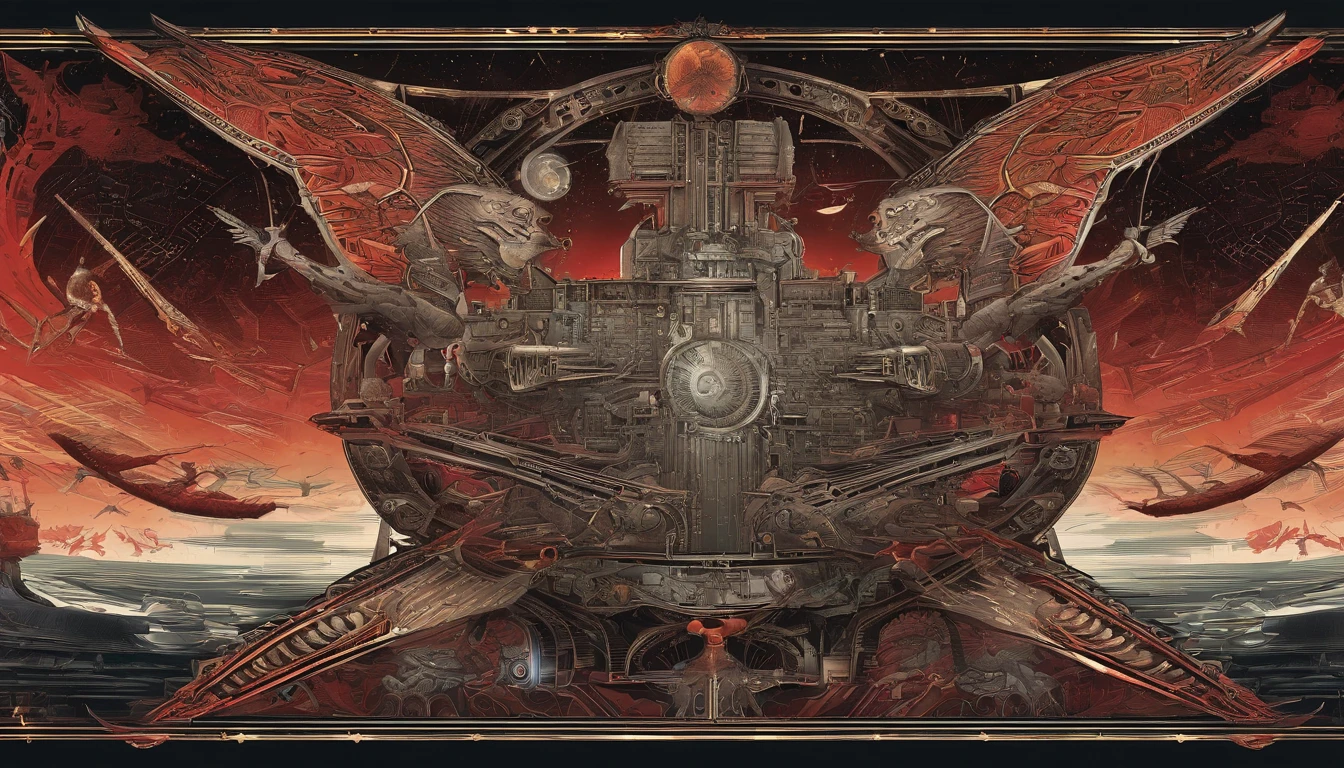 A stunning fusion of medieval and cosmicpunk elements, a unique starship takes center stage, designed by the genius imaginations of Mary Shelley & Michael Westmore. The ship's journey through the vast expanse near a Saturn-Earth-esque planet, with a Nebula nearby, and asteroid belt going through this sector of space. It is brought to life in stunning 750k UHD.The intricate motherboard forms the backbone of the vessel, culminating in an imposing, frightful, & creepy macabre merging of a metallic Dragon & Vulture's head is carved into the front. The ship's powerful artillery is visible in the background, while metallic blood red crystal diamond bat shaped nacelles adorn the rear. Vibrant glass, vibrant diamond, vibrant crystal, protovision. Charcoal style of drawing.