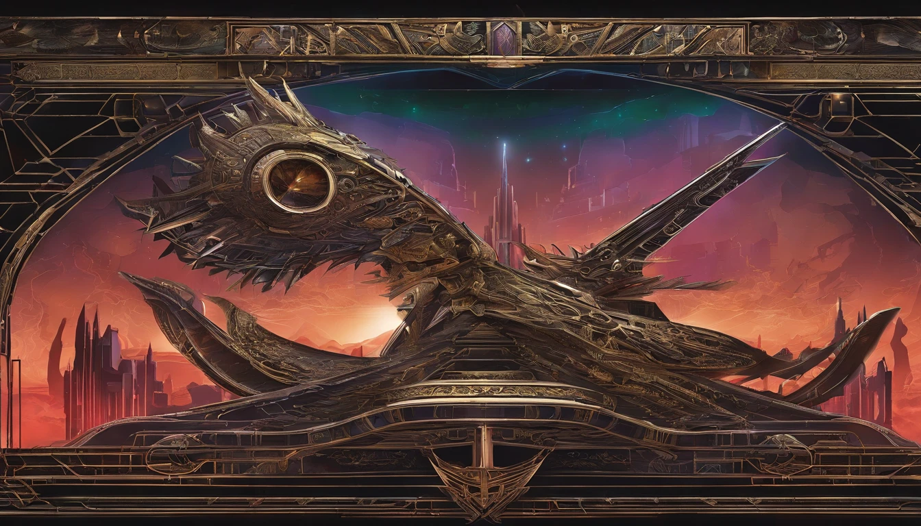 A stunning fusion of medieval and cosmicpunk elements, a unique starship takes center stage, designed by the genius imaginations of Mary Shelley & Michael Westmore. The ship's journey through the vast expanse near a Saturn-Earth-esque planet, with a Nebula nearby, and asteroid belt going through this sector of space. It is brought to life in stunning 750k UHD.The intricate motherboard forms the backbone of the vessel, culminating in an imposing, frightful, & creepy macabre merging of a metallic Dragon & Vulture's head is carved into the front. The ship's powerful artillery is visible in the background, while metallic blood red crystal diamond bat shaped nacelles adorn the rear. Vibrant glass, vibrant diamond, vibrant crystal, protovision. Charcoal style of drawing.