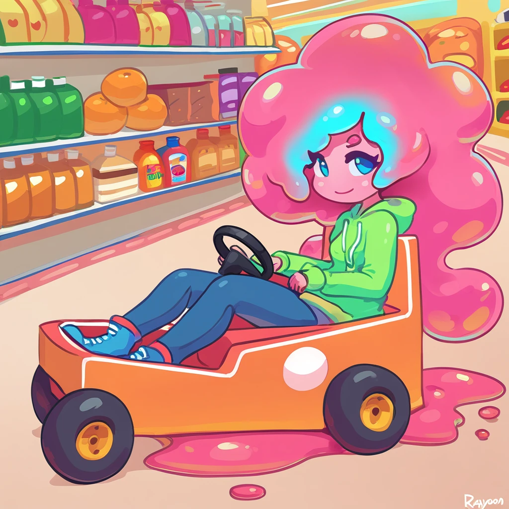 A slime girl with translucid orange-pink skin curly slime hair and a down to earth outfit who gets around in a miniature go-cart in a supermarket in rayonism art style