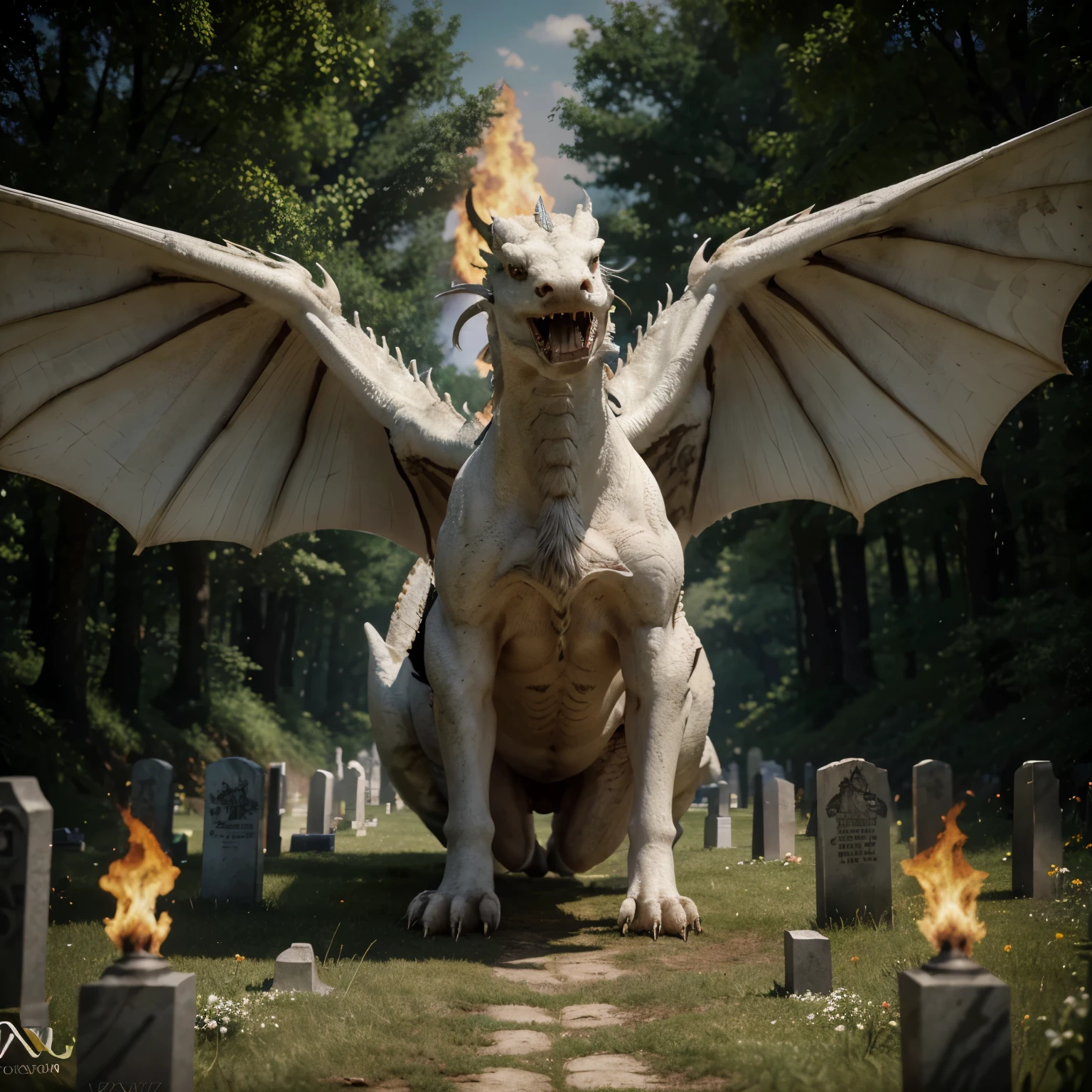 (best quality,4k,highres,masterpiece:1.2),ultra-detailed,(realistic:1.37),light atmosphere,tomb,white dragon emerging from the earth,vector art,detailed,fangs,wings,fire,earth,day,cemetery