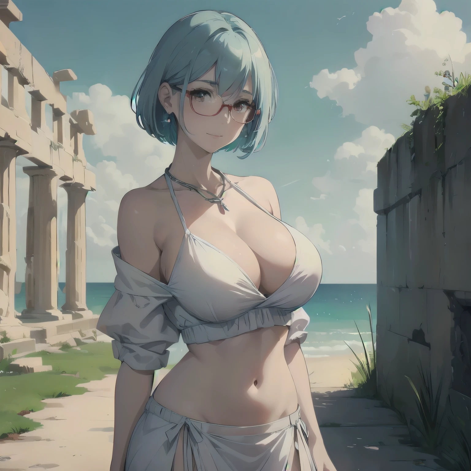 (masterpiece), 1girl, best quality, expressive eyes, perfect face, (huge breasts), short hair, orange eyes BREAK light blue hair BREAK (pale skin), side cut, red glasses BREAK ((mature woman, mature female)), (GILF), lipstick, (greek clothes), cleavage, standing, white dress, navel, jewerly, ((greek clothes)), bare shoulders, necklace, earrings, cute smile, blush, closed_mouth, grass, ((ruins)), landscape, outdoors, cloudy_sky, looking at viewer, facing viewer, smirk, closed mouth 