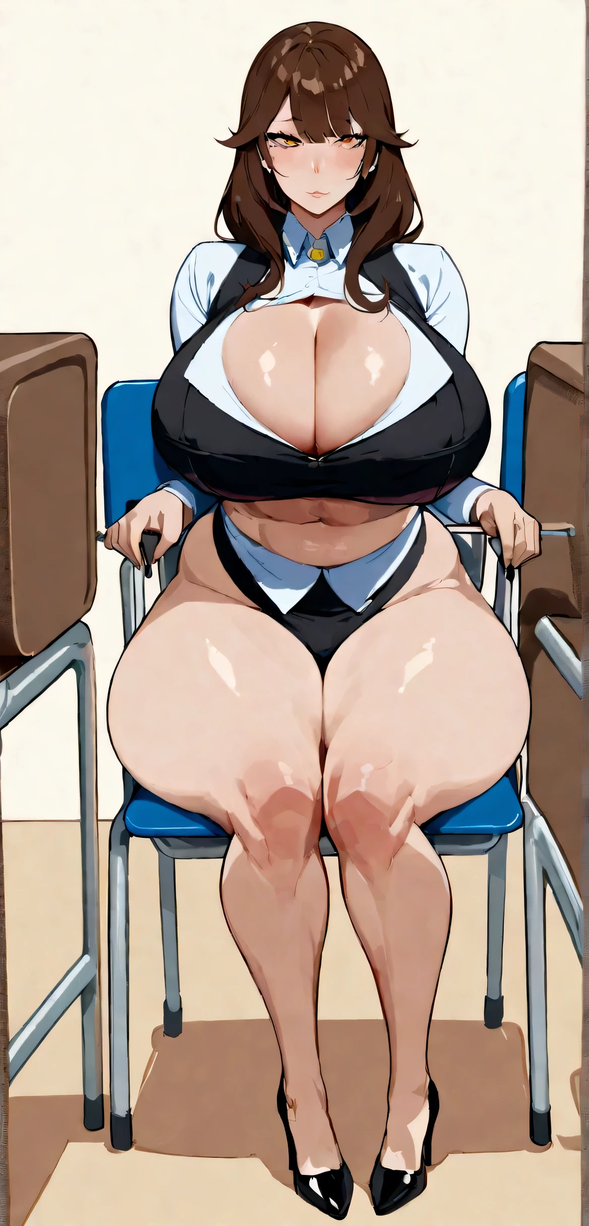 Masterpiece, high detail, ((hot brunette milf)), tight teacher outfit, (big saggy cleavage:1.2), sitted on chair, opened legs, hairy pubis, calves, high heels, ((at the classroom))
