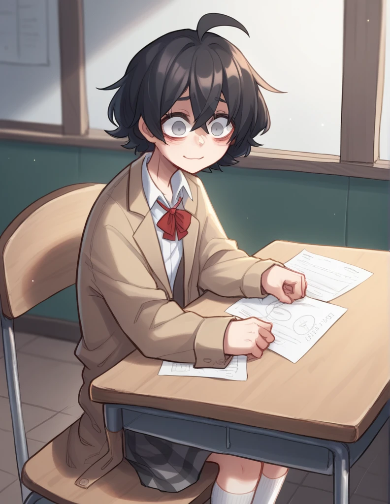 1 girl, alone, ppka, black fur, short hair, messy fur, Ahoge, parts, parts por todo el cuerpo, grey eyes, empty eyes, blind, very nervous, slight smile, White shirt, Beige coat, plaid skirt, grey skirt, uneven socks, different socks sitting at her school table 