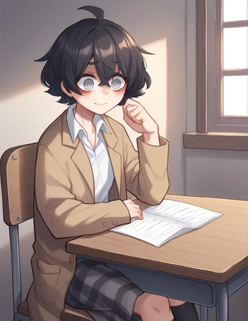 1 girl, alone, ppka, black fur, short hair, messy fur, Ahoge, parts, parts por todo el cuerpo, grey eyes, empty eyes, blind, very nervous, slight smile, White shirt, Beige coat, plaid skirt, grey skirt, uneven socks, different socks sitting at her school table 