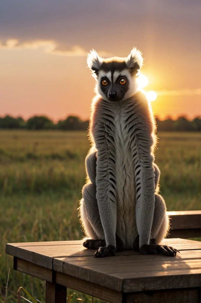A lemur sitting on a table in a grassland on a beautiful sunset